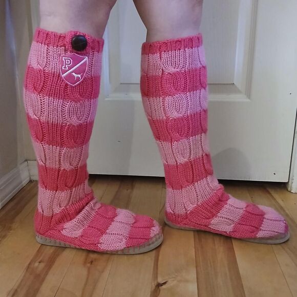 RARE Y2K VTG Victoria's Secret PINK Cable Knit Striped Knee-High Slippers M 7/8 - Picture 3 of 8